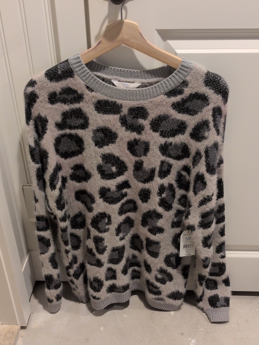 Time and Tru Gray Crewneck Sweater with Black Leopard Print